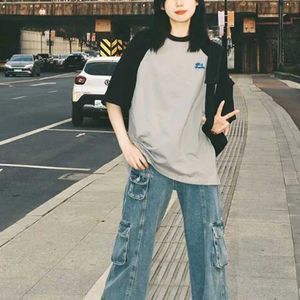 ディープタウンストリートウェア90年代ビンテージグレーTシャツ女性ハラジュクkpopパッチワーク短袖