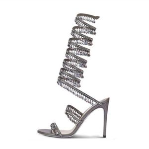Rene Caovilla Crystal Crystal żyrandol sandały owinięte nad wysokim kolanami Wysokie Sztyletowe Sztylet Sandałowe buty wieczorne Buty Kobiety luksusowe projektanci butów