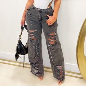 Women's Jeans Trendy Straight Ripped Women Denim Cargo Pants Cut Hole Destroyed Wide Leg Trousers Female Boyfriend Fashion Hip Hop