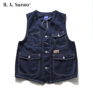 Coletes masculinos homens multi bolso colete denim ondulado japonês carga casacos simples harajuku tanque tops streetwear multibolso sem mangas colete 230908