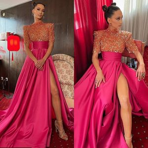 Rosy Pink A Line Prom Dresses paljetter High Neck Evening Dress Sweep Train Formell Split Ruffle Long Special Occase Party Dress