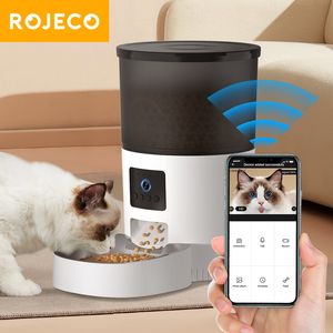 Cat Bowls matare Rojeco Automatisk matare med kamera Video Mat Dispenser Pet Smart Voice Recorder Remote Control Auto för hund 230907