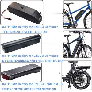 Bateria removível para bicicleta elétrica, 36v, 10,4ah, 11,6ah, 14ah, tubo traseiro, ezego, comute ex int, senhores, senhoras, se dobra ls, passo 26 700