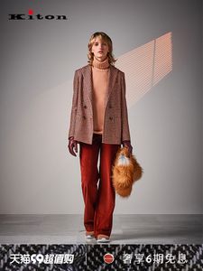 Blazers femininos inverno kiton vermelho-marrom xadrez alpaca paletó trespassado