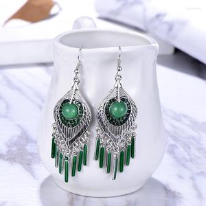 Dangle Earrings Vintage Ethnic Long Green Opal For Women Boho Silver Color Hollow Rhinestone Geometric Tassel Jewelry