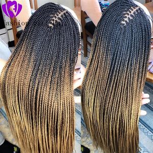 Syntetisk lång flätad spetsfront peruker flätande virkning hår med babyhår rutan flätor peruk för amerikanska afrikanska kvinnor315U