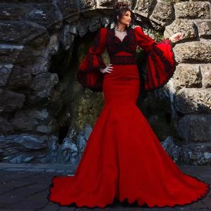 Красные традиционные вечерние платья русалки Милая с расклешенными рукавами Косовское албанское вечернее платье Черные кружевные аппликации Vestido De Fiesta 326 326