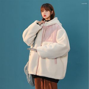 Trench da donna Cappotto in lana d'agnello Donna Inverno spesso caldo Parka Harajuku Patchwork Cerniera Giacca con cappuccio Imbottito in cotone Capispalla oversize