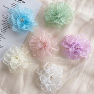 Decorative Flowers 3Pcs 9cm Mesh Gauze Artificial Chiffon Flower Lace Trim Patch Applique Fabric Wedding Dress DIY Bride Hair Accessories