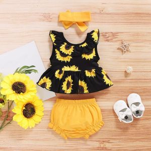 Barnstrumpor Barnkläder Girl Summer Sunflower Top Solid Color Shorts Girls 8 Kläder Kort ärm Bodysuit Baby 230907