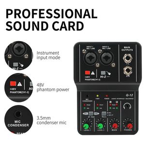 Lighting Studio Accessories Q12 Audio Interface USB Sound Card DriveFree Portable Mini 2way Mixer för att sjunga datorinspelning Nybörjare 230908