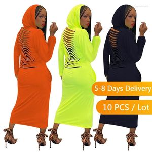 Vestidos casuais itens por atacado hoodie bodycon vestido mulheres outono roupas manga longa midi streetwear sólido oco out skinny