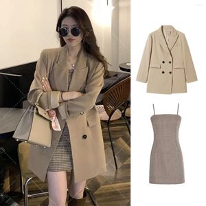 Work Dresses Suit Jacket Plaid Slip Dress Two Piece Large Women's Autumn Winter High-class Vintage Skirt 100 Kg Women Sets Fashion Coat