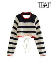 Women's Sweaters TRAF Women Fashion Backless With Tied Striped Crop Knit Sweater Vintage O Neck Long Sleeve Female Pullovers Chic Tops 230907