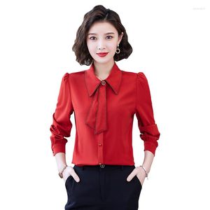 Kvinnor Bluses Krcves Korean Fashion Chiffon Versatile Backing Shirt Långärmning 2023 Spring Autumn Temperament Professional