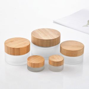 Frosted Glass Cosmetic Jars Empty Cream Bottles Travel Size 5g 15g 30g 50g 100g Cosmetic Container with Natural Bamboo Lids and PP Inner Cover