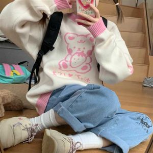 Deeptown Kawaii Preppy Style Bear tröja Kvinnor Söt japansk stil överdimensionerad stickad topp söta 2000 -tal estetiska lapptäcken jumper