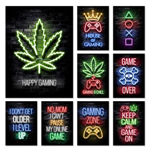 Motivational Neon Effect Game Slogan Pictures Flat Printed on Canvas Wall Posters Canvas Painting Board Paintings for Game Room Decor Gamers Gift L01