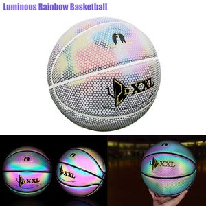 ボールズラミナスバスケットボールPUレザートレーニング屋内アウトドアゲームの女性男性スポーツアクセサリー230907のための反射的なカラフルな虹