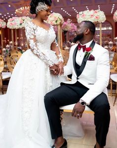 Vestido de noiva floral africano vintage, vestido de noiva com apliques de renda, ilusão, manga comprida, vestidos de noiva com contas, trem de capela marfim, vestido de novia