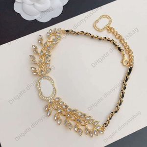 Designer jewelry necklace Small Fragrant Horse Eye Water Diamond Leaf Shape Wide Edition Leather Weaving Necklace for Women