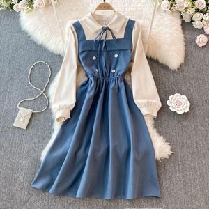 Vestidos casuais primavera outono manga longa camisa vestido mulheres doce gravata laço retalhos corduroy senhoras uma linha grande bainha vestidos