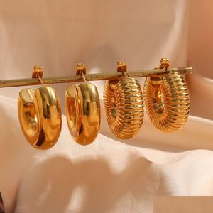 Hoop Huggie Hie 316L Stainless Steel Pvd High Grade Hollow Design Chunky Bold Gold Earrings Thread Texture Statement For Women 230215 Dh25N