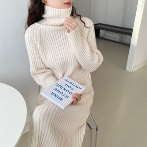 Casual Dresses Chic Thicken Women's Wool Dress Winter Fall 2023 Apricot Striped Long Sweater Turtleneck Autumn Knitwear Streetwear