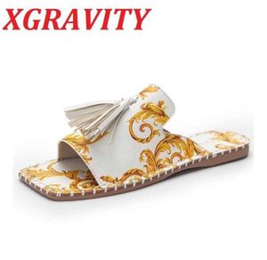 Xgravity New Spring Summer Ladies Slides Tassel Flower Design Square Toe Women Slippers Bekväma Lady Shoes Girl 2104291550896