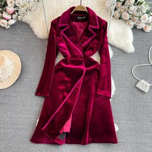 Vestidos casuais outono inverno de alta qualidade chique manga longa vestido formal casaco para mulheres trabalho terno colarinho cintura emagrecimento veludo