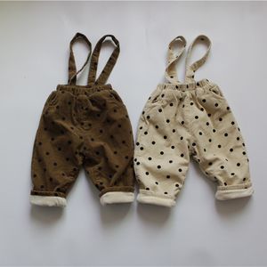 Rompers Winter Kids Suspenters Pants Polka Dots Style Korean Cord Unisex Dzieci zagęszcza ciepłe kombinezony małe spodnie 230907