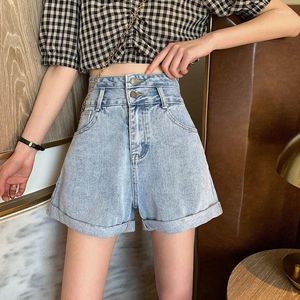 Shorts femininos na moda verão mulheres perna larga cintura alta preto denim casual feminino solto botão duplo streetwear azul jeans