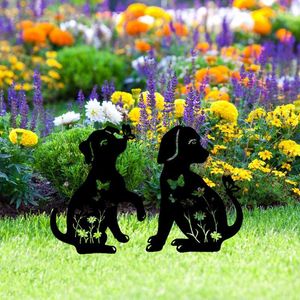 Bahçe Dekorasyonları Köpek Heykelleri 2pcs Kelebekler ile içi boş metal bahisler dekoratif hayvan siluet bahçesi sanat