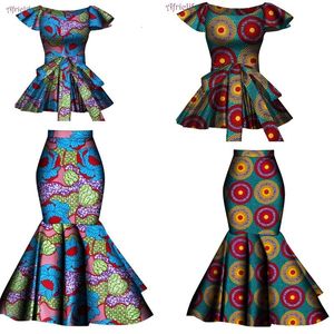 Plus -klänningar Afrikanska två datorer Set utblåst kjol och topp Dashiki Wax Print Cotton Plus Size Party Clothing WY10076 230907