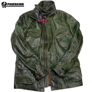 Men's Leather Faux M65 Jacket Men Horsehide Slim Fit Multipockets America Retro Casual Safari Midlength Coat Green Motorcycle Outwear 230908