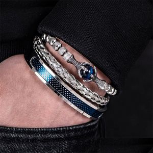 Bangle Luxury Set Men armband rostfritt stål Handgjorda rep armband örnarmband med tigerey natursten presenttillbehör släpp dhpxk