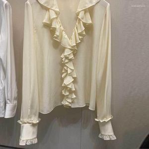 Women's Blouses Lady Sole-Silk Beige Blouse Fashion Deep V-Neck Flounce Design Long Sleeve Loose Shirt Elegant Women High End Clothes 2023