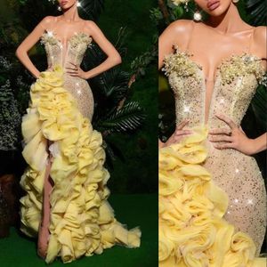 Yellow Gorgeous Prom Dresses Glitter Crystal Sequins Evening Dress Sleeveless Sheath Split Ruched Custom Long Pageant Gown Robe De Mariee