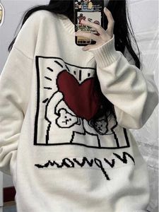 DeepTown Grunge Y2K Heart Oversize Sweter Kobiety w stylu japoński Niedźwiedź gotycki ciemny dzianinowy top Kpop Hippie z długim rękawem
