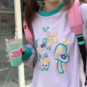 Deeptown Kawaii Sevimli Karikatür Sweatshirts Kadın Japon Tarzı Patchwork Uzun Kollu Tshirt Mor Çizgili Külot Hoodie Kız