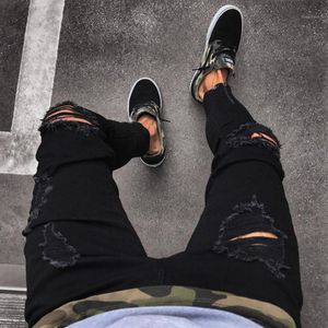 Men's Jeans Fashion Mens Cool Designer Black Ripped Skinny Destroyed Frayed Slim Fit Denim Pant Zipper Hop Pants Holes For Me293Z