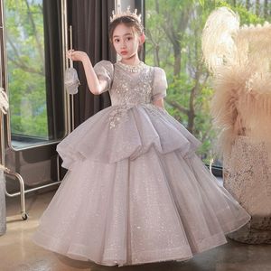 New Crystal Flower Girl Princess Illusion Sleeve Shiny Buttons Bling Skirt Birthday Party Bridesmaid Kids First Holy Communion Gowns Pageant Dress 403