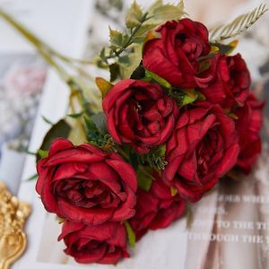 Декоративные цветы 8 головок Искусственный шелк Пион Зеленый Красный Розовый Роза Поддельный цветок для свадебного стола Комната Партия Букет Украшение