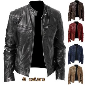 Motorradjacke Herren schlanker Fit Kurzschichtkragen PU Jacken Winter Herbst Reißverschluss Ständer Winddicht Ledermantel