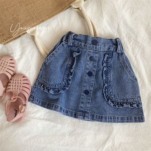 Skirts Rok Anak Perempuan Musim Panas Baru Denim Anak anak Kasual Pakaian Bayi Jeans Saku Kerutan Balita 230907