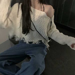 Deeptown Grunge Y2K vit skördtröja kvinnor koreansk mode överdimensionerad av axel stickad topp kvinnlig harajuku kpop casual jumper