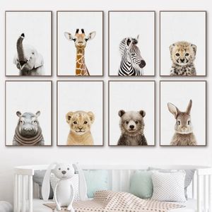 Peinture sur toile murale avec animaux pour chambre de bébé, éléphant, girafe, ours, imprimés d'art mural, affiche d'art nordique pour chambre d'enfant, décoration de chambre d'enfant, peinture esthétique L01