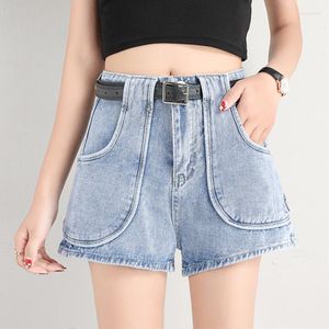 Damen-Shorts, modisch, modisch, für Damen, schwarzer Denim mit Gürtel, hohe Taille, lässig, weiblich, breite Beine, blaue Slim-Fit-Jeans mit großen Taschen