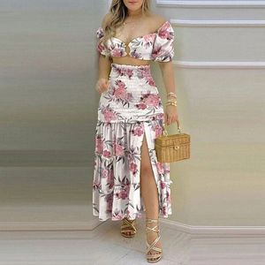 Women Elegant Dress Set Off Shoulder Crop Top Frill Hem Shirred Slit Sirt Set Casual Summer Set hot e9iE#