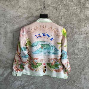 Casablanca Beach Wave flag Satin painted shirt Hawaiian loose printed silk long sleeved shirt332T